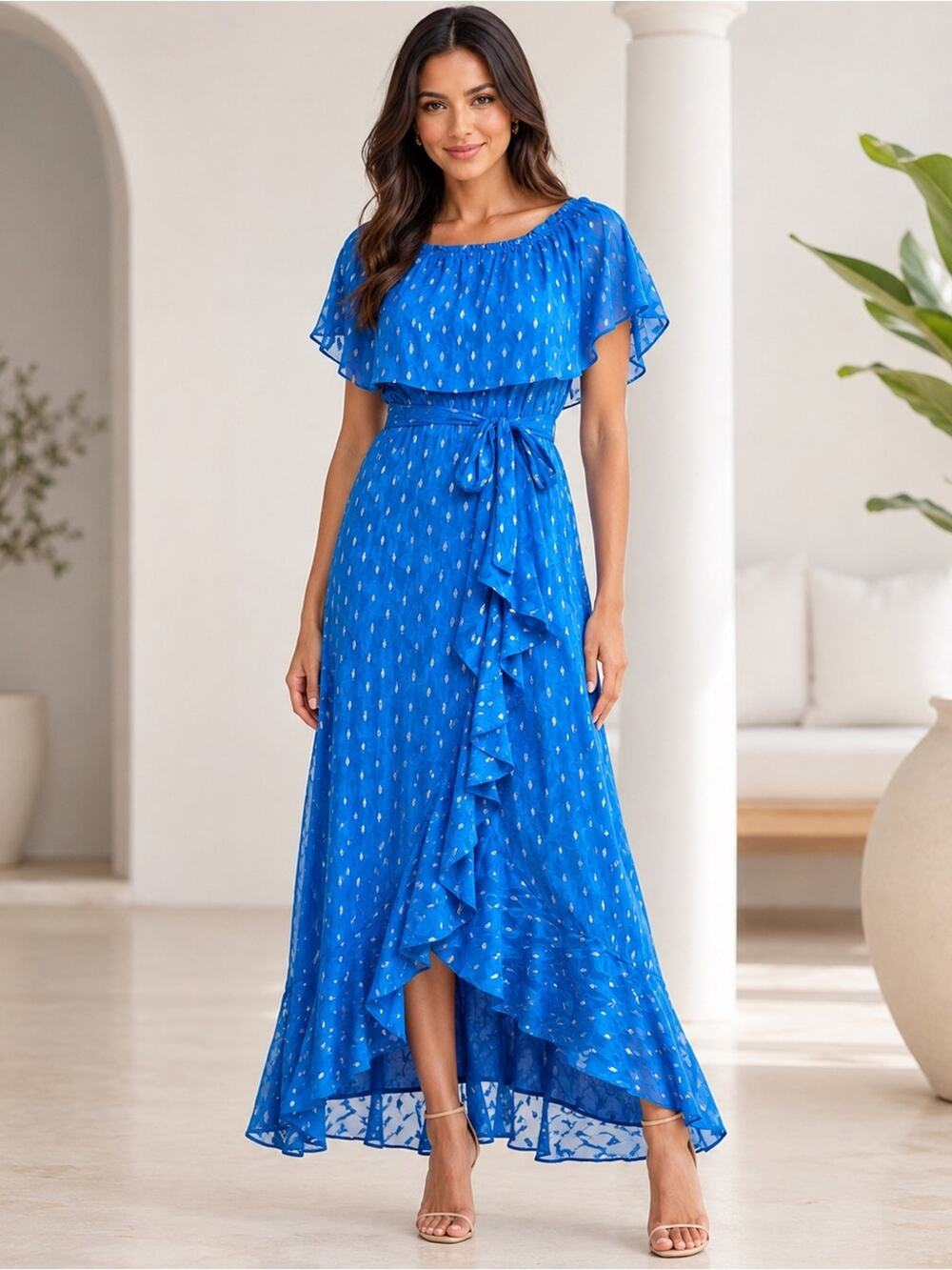 Maison Tara Blue Silver Foil Chiffon Capelet Ruffle Maxi Dress Size Small
